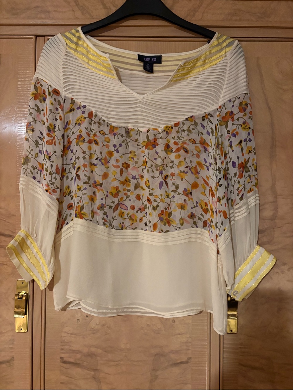 Anna Sui 100% Silk Cream Floral Blouse with Yellow Trim